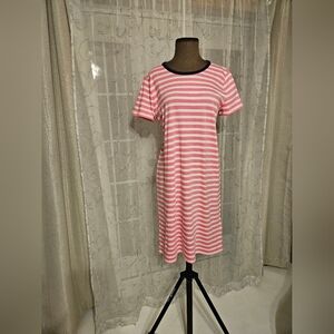 J. Crew NWT Pink White Holiday Stripped T-shirt Short Sleeve Midi Dress Medium